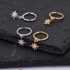 Starburst Huggie Hoop Earrings in Sterling Silver with Dangling Star Burst Charms, Single CZCelestial Geometric Design