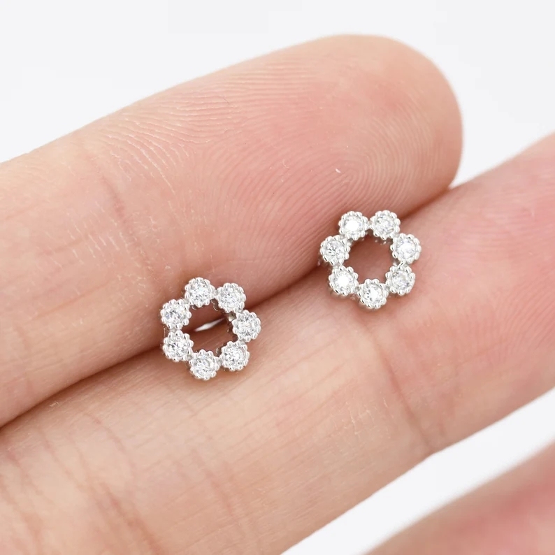 Sterling Silver Tiny CZ Circle Wreath Stud Earrings, Silver, Gold or Rose Gold, Tiny CZ Circle Earrings