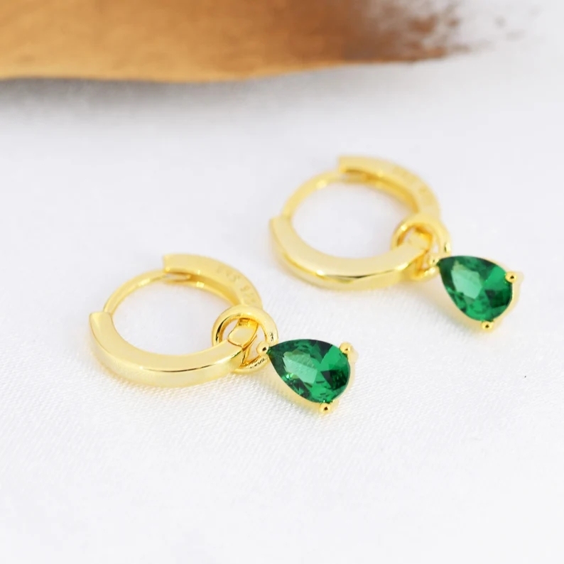 Sterling Silver Emerald Green CZ Droplet Hoop Earrings, Silver, Gold or Rose Gold, Pear Cut Drop Earrings, Interchangeable Charms