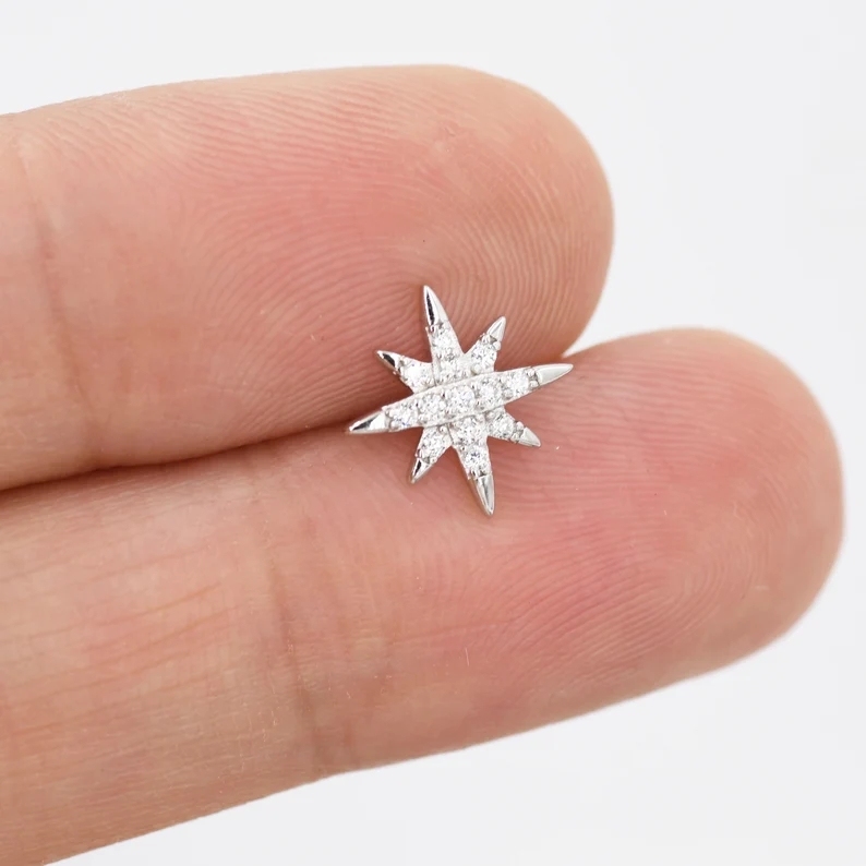 Starburst Stud Earrings in Sterling Silver with Sparkly CZ Crystals, North Star Earrings, Silver Gold and Rose Gold, Celestial Jewellery