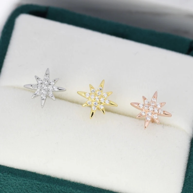 Starburst Stud Earrings in Sterling Silver with Sparkly CZ Crystals, North Star Earrings, Silver Gold and Rose Gold, Celestial Jewellery