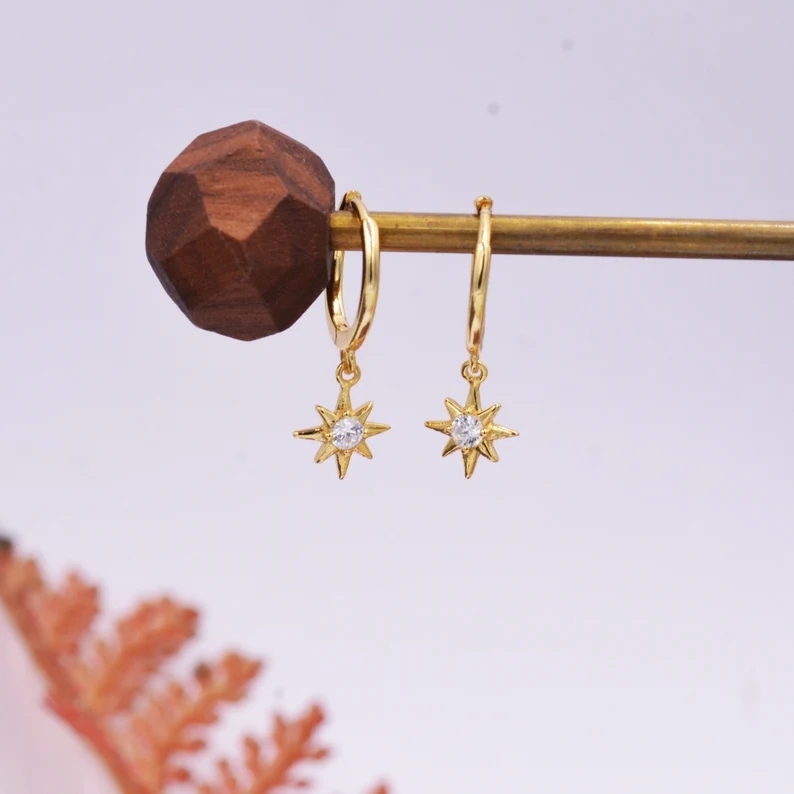 Starburst Huggie Hoop Earrings in Sterling Silver with Dangling Star Burst Charms, Single CZCelestial Geometric Design