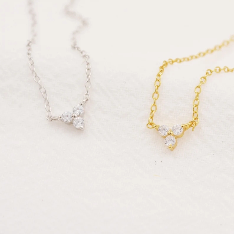 Extra Tiny Three Dot Necklace in Sterling Silver, Three CZ Trinity Necklace, Silver or Gold