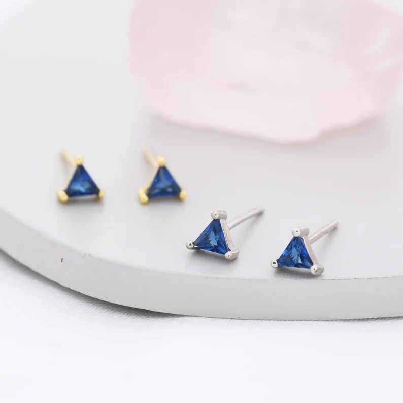 Sapphire Blue CZ triangle Stud Earrings in Sterling Silver, Silver or Gold, Dainty Earrings, Stacking Earrings, CZ Crystal Stud