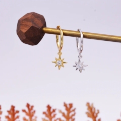 Starburst Huggie Hoop Earrings in Sterling Silver with Dangling Star Burst Charms, Single CZCelestial Geometric Design