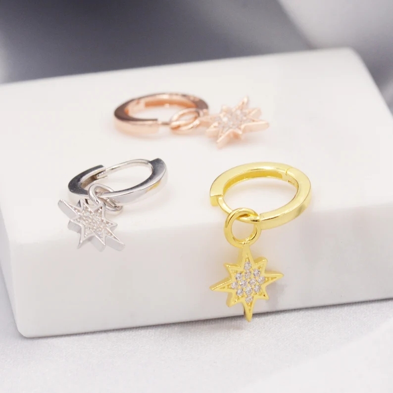 Starburst Charm Huggie Hoop Earrings in Sterling Silver with Detachable Star Burst Charms, North Star Celestial Geometric Design