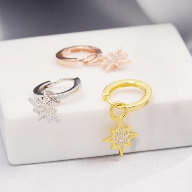 Starburst Charm Huggie Hoop Earrings in Sterling Silver with Detachable Star Burst Charms, North Star Celestial Geometric Design