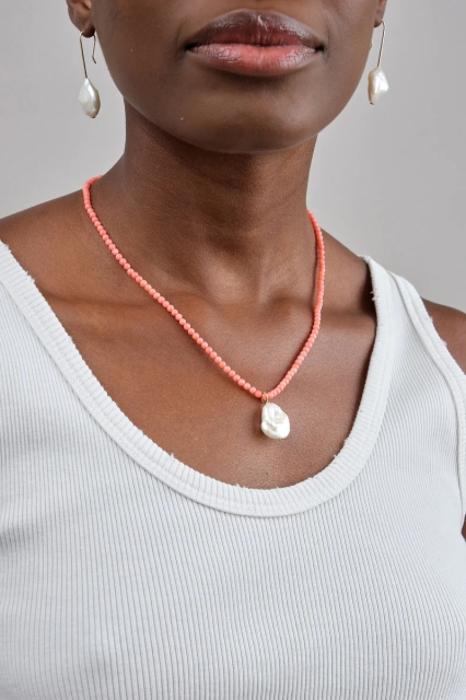 Landou Jewelry Manufacture 925 Sterling Silver Wholesale Baroque Pearl Pendant Red Bamboo Coral Beads Necklace Handmade Women Jewelry