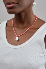 Landou Jewelry Manufacture 925 Sterling Silver Wholesale Baroque Pearl Pendant Red Bamboo Coral Beads Necklace Handmade Women Jewelry
