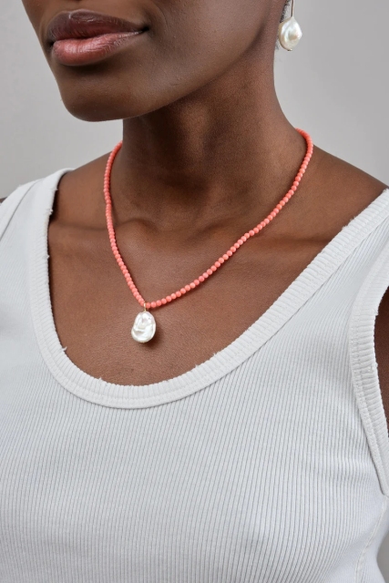 Landou Jewelry Manufacture 925 Sterling Silver Wholesale Baroque Pearl Pendant Red Bamboo Coral Beads Necklace Handmade Women Jewelry