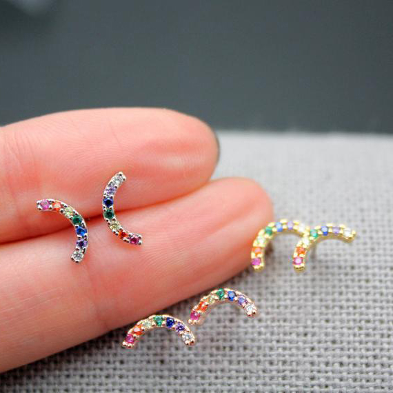 Tiny Curved Bar Stud Earrings with Cubic Zirconia for Girls