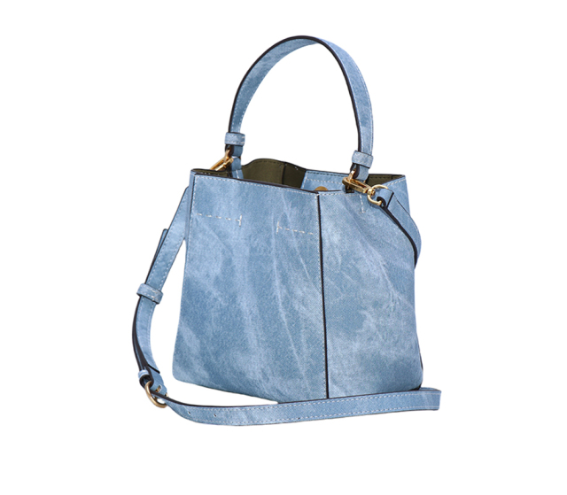 Custom Fashion Large Capacity Bucket Handbag Vintage Denim Technical Leather Crossbody Shoulder Handbag for Women