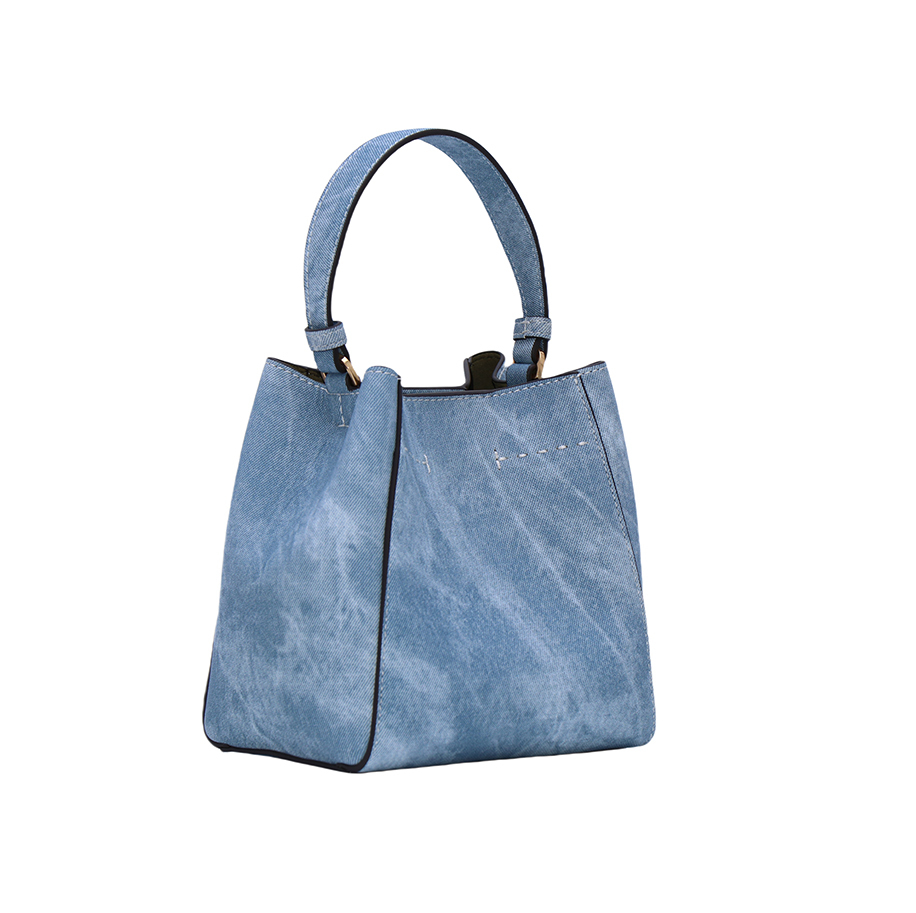 Custom Fashion Large Capacity Bucket Handbag Vintage Denim Technical Leather Crossbody Shoulder Handbag for Women
