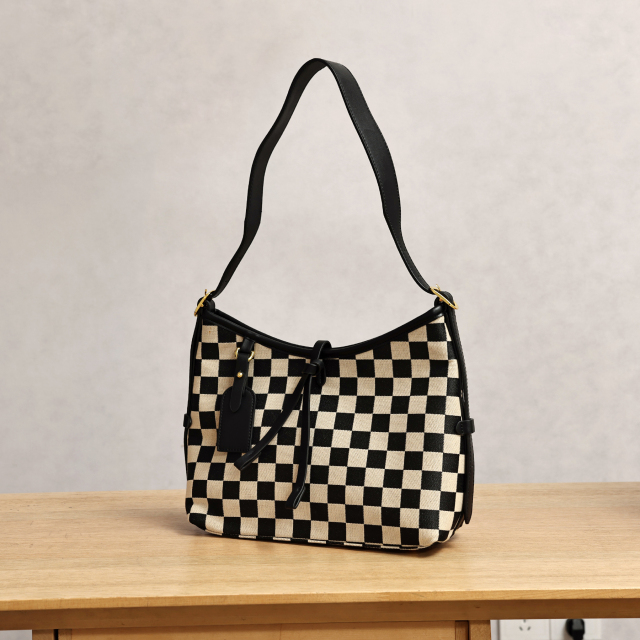 Versatile Checkered Hobo Bag with Stylish Trims