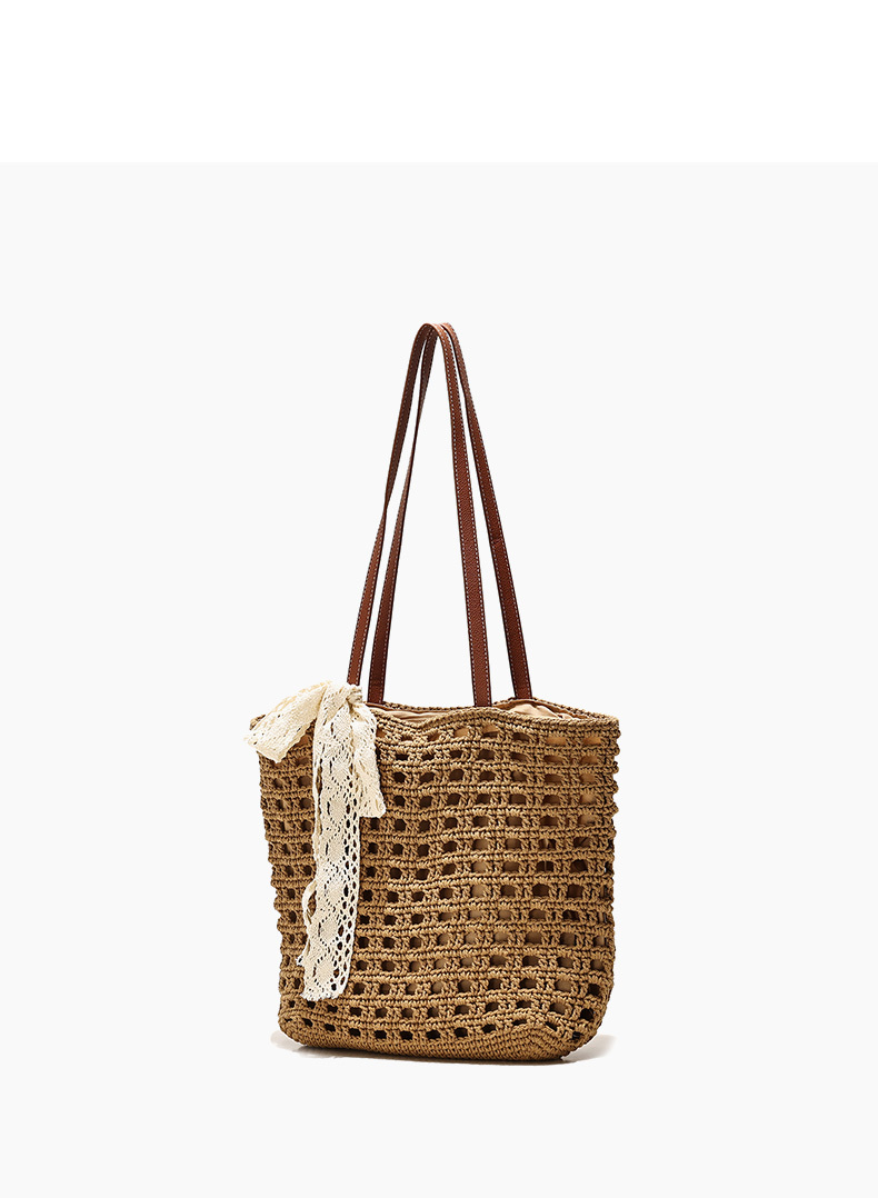 Woven Straw Tote Bag with Lace Bow - Summer Beach & Vacation Shoulder Bag