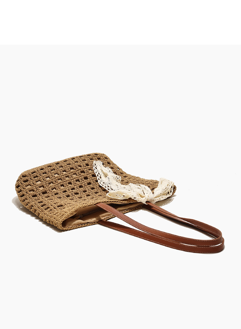 Woven Straw Tote Bag with Lace Bow - Summer Beach & Vacation Shoulder Bag