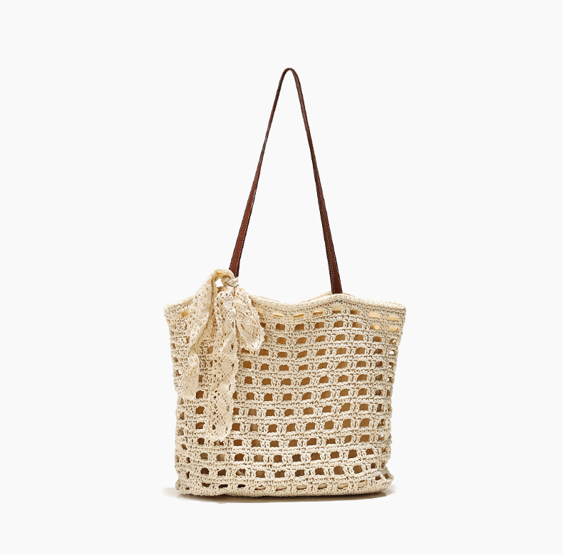 Woven Straw Tote Bag with Lace Bow - Summer Beach & Vacation Shoulder Bag