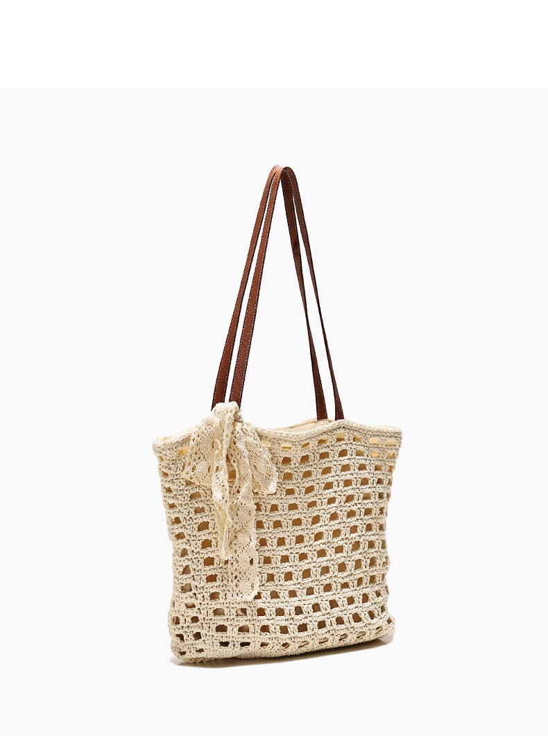 Woven Straw Tote Bag with Lace Bow - Summer Beach & Vacation Shoulder Bag