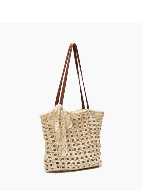 Woven Straw Tote Bag with Lace Bow - Summer Beach & Vacation Shoulder Bag