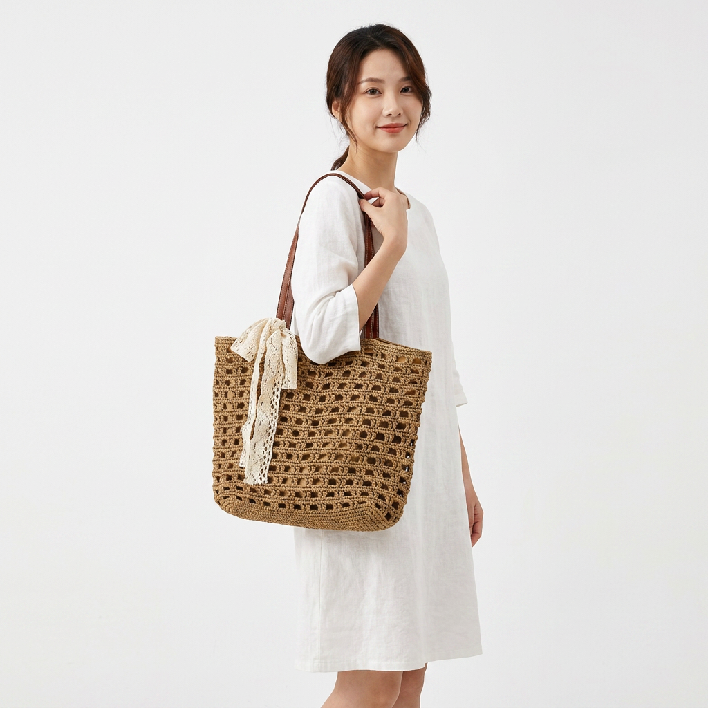 Woven Straw Tote Bag with Lace Bow - Summer Beach & Vacation Shoulder Bag