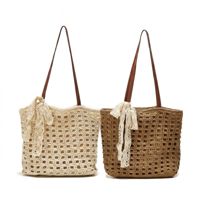 Woven Straw Tote Bag with Lace Bow - Summer Beach & Vacation Shoulder Bag