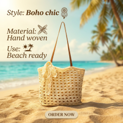 Woven Straw Tote Bag with Lace Bow - Summer Beach & Vacation Shoulder Bag