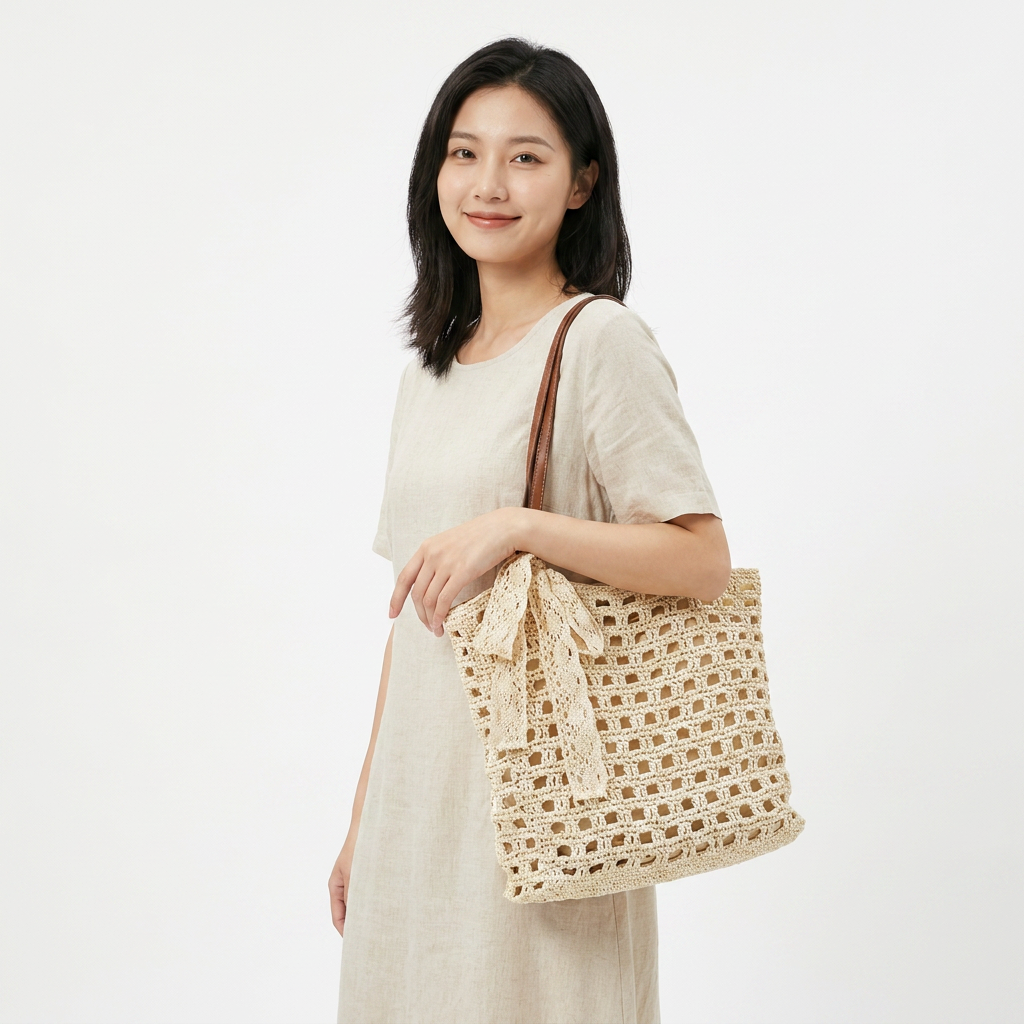 Woven Straw Tote Bag with Lace Bow - Summer Beach & Vacation Shoulder Bag