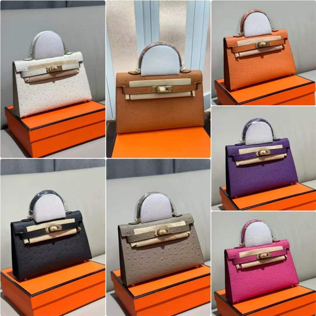 Premium Ostrich Texture Mini Bag 21cm | Classic Top Handle for Women