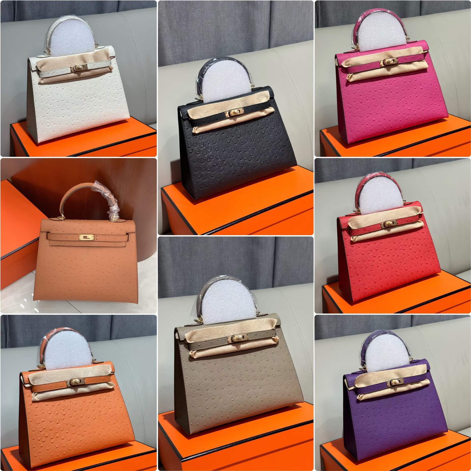 Premium Ostrich Embossed Leather Top Handle Bag - Classic 25cm Trapezoid Handbag for Women