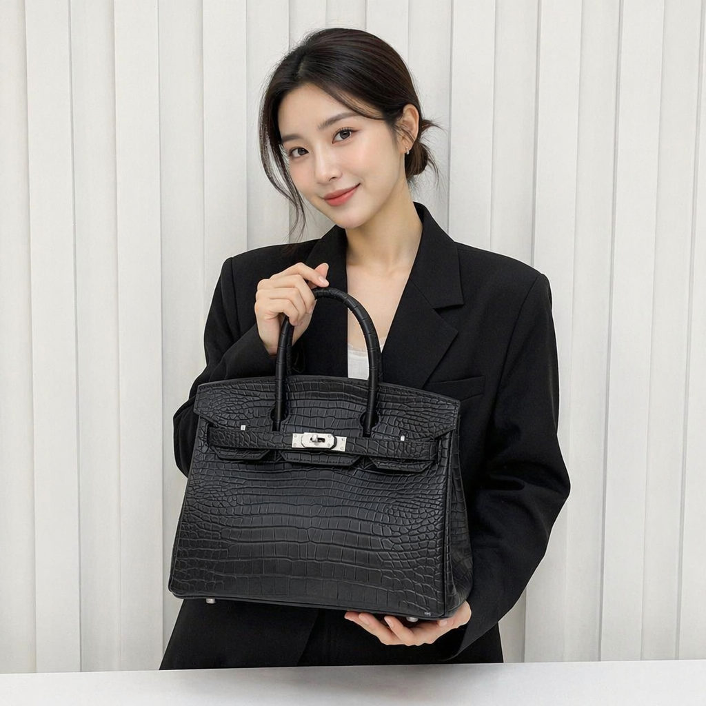 Elegant Crocodile Pattern Top-Handle Bag - Classic Style Designer Tote with Matching Lock & Key