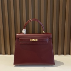 Premium Box Calf Leather Top Handle Bag - Classic Handmade Stitching 19cm/22cm/25cm