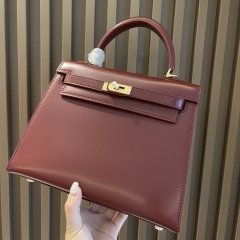 Premium Box Calf Leather Top Handle Bag - Classic Handmade Stitching 19cm/22cm/25cm