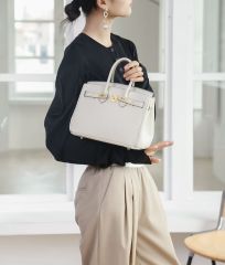 Women's Genuine Top-Grain Cow Leather Structured Handbag, Large-Capacity Top Handle Shoulder Crossbody Bag with Lock Closure