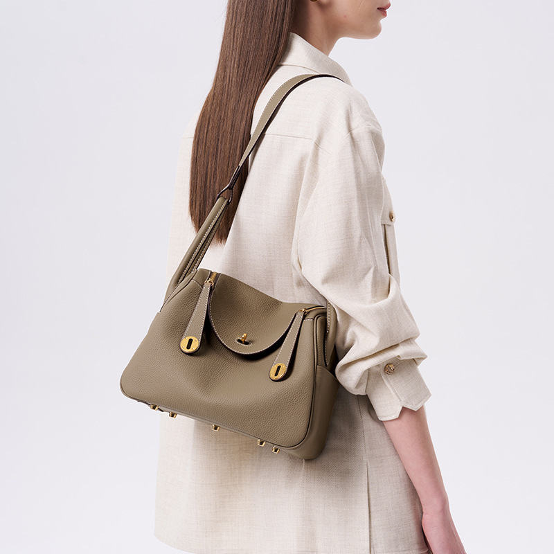 Women's Genuine Top-Grain Leather Pillow Shoulder Bag, Soft Litchi-Grain Cowhide Crossbody Handbag with Zipper Closure