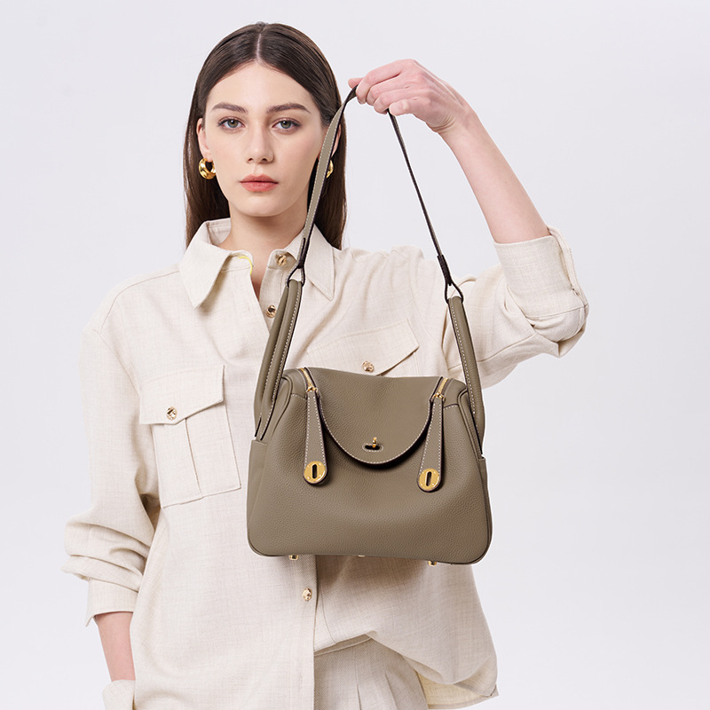 Women's Genuine Top-Grain Leather Pillow Shoulder Bag, Soft Litchi-Grain Cowhide Crossbody Handbag with Zipper Closure