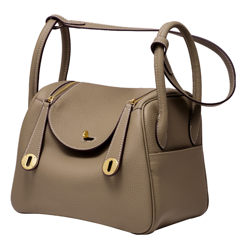 Women's Genuine Top-Grain Leather Pillow Shoulder Bag, Soft Litchi-Grain Cowhide Crossbody Handbag with Zipper Closure