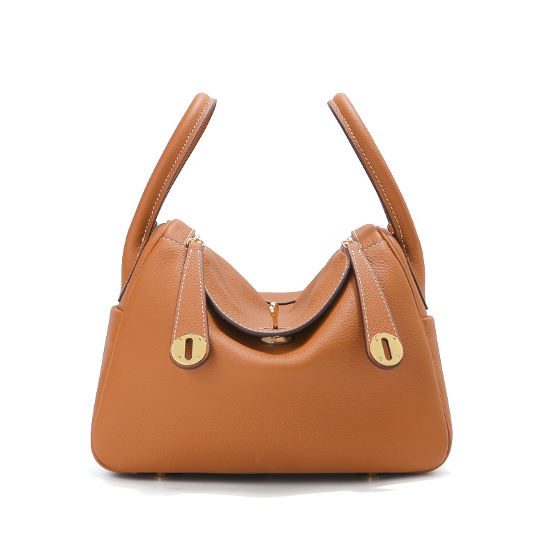 Women's Genuine Top-Grain Leather Pillow Shoulder Bag, Soft Litchi-Grain Cowhide Crossbody Handbag with Zipper Closure
