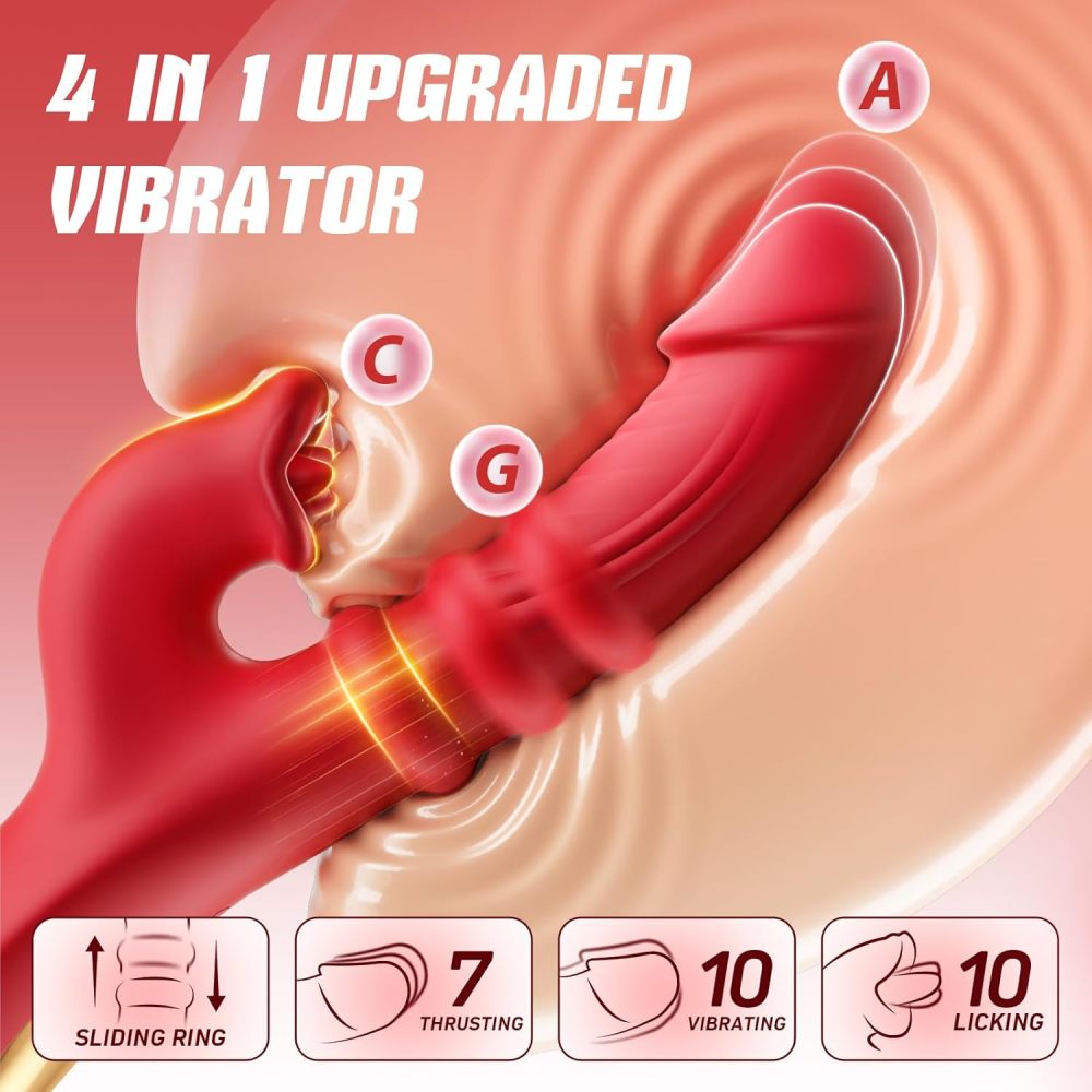 Thrusting Vibrator Sex Toys, Dildos Adult Sex Toy for Women G Spot Vibrator with Sliding Ring 7 Thrusting Dildo & 10 Tongue Licking 10 Vibrating Modes, Rabbit Vibrators for Female Couples Games