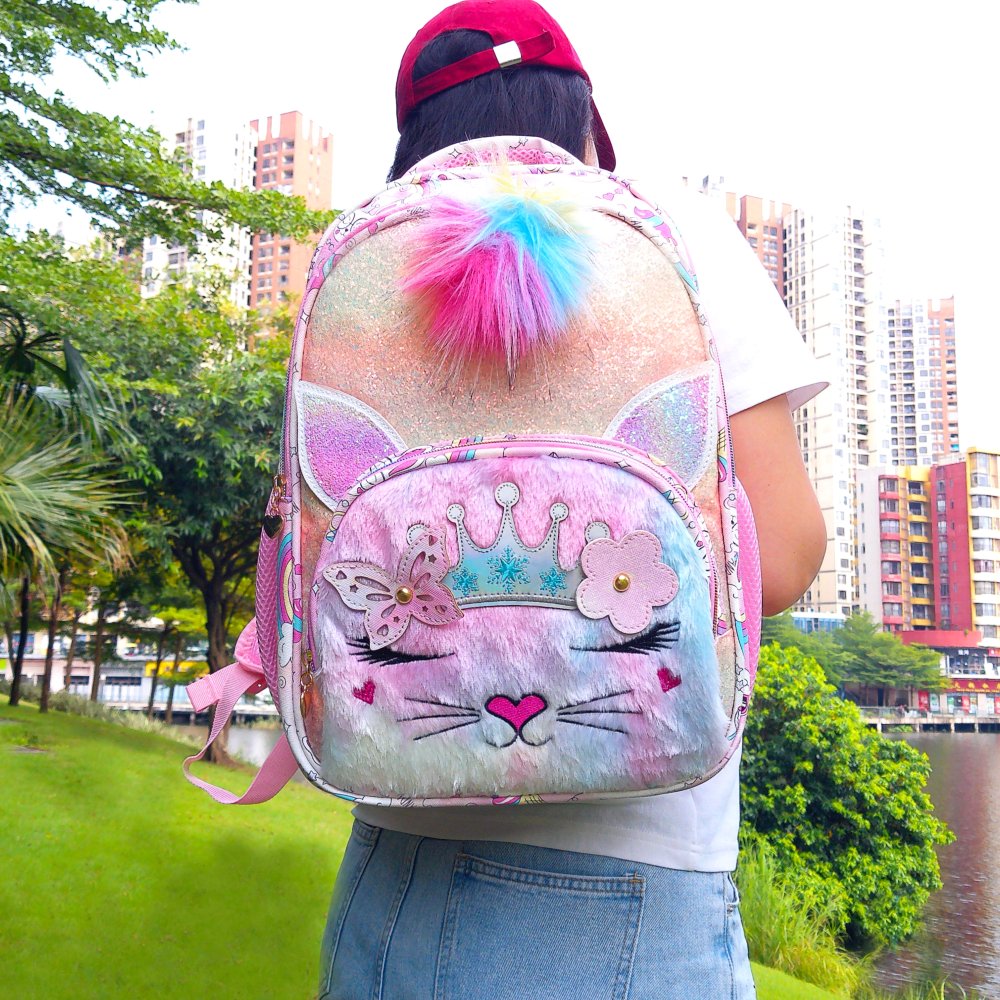 Embroidered cute cats, crowns, flowers, pom-pom decorations, and multi-layered fashionable student schoolbags