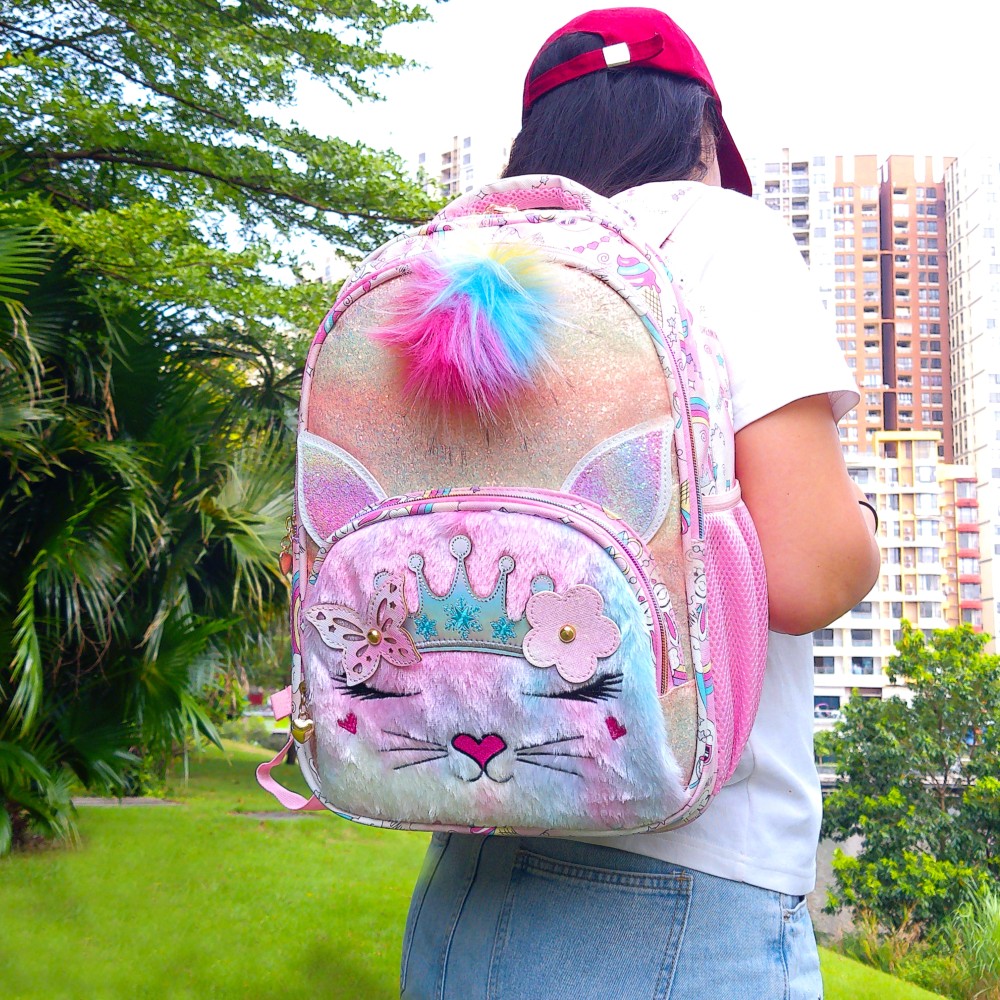 Embroidered cute cats, crowns, flowers, pom-pom decorations, and multi-layered fashionable student schoolbags