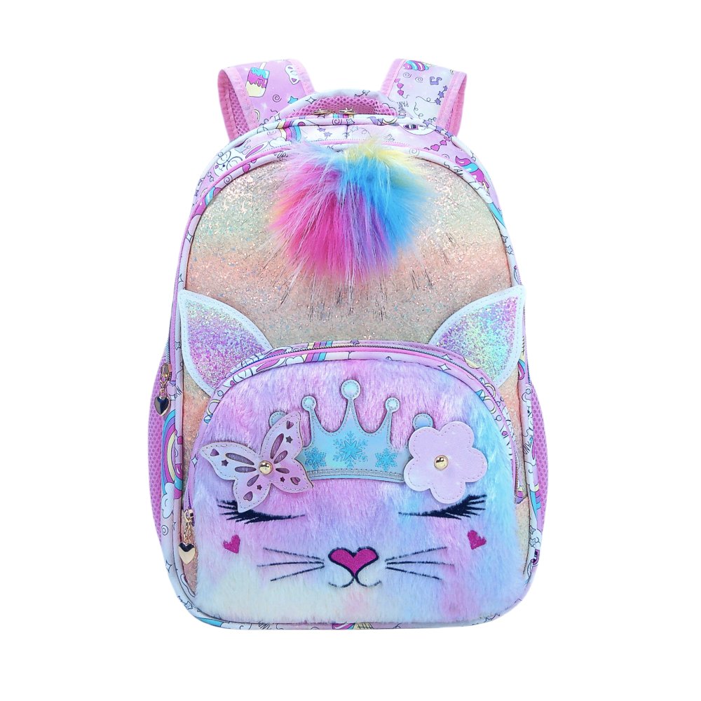 Embroidered cute cats, crowns, flowers, pom-pom decorations, and multi-layered fashionable student schoolbags