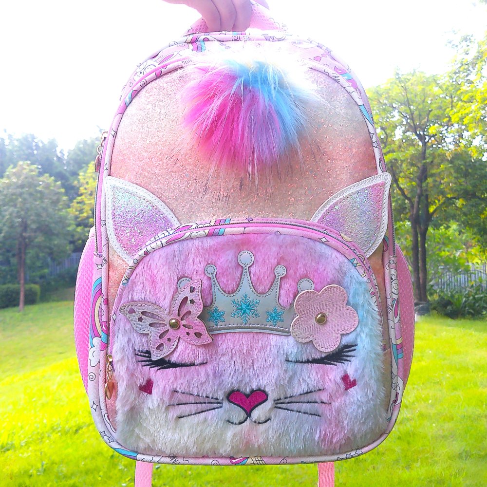 Embroidered cute cats, crowns, flowers, pom-pom decorations, and multi-layered fashionable student schoolbags