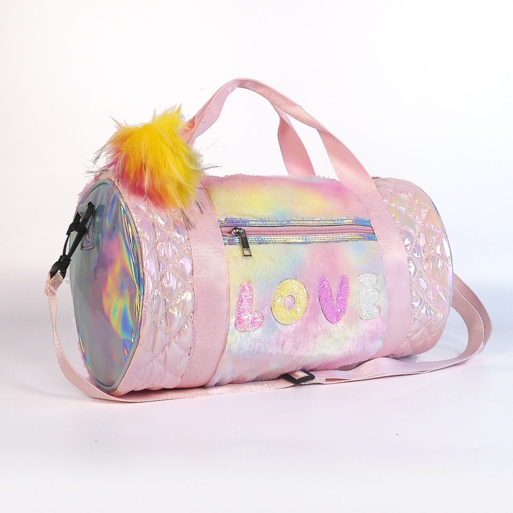 Iridescent knitted fabric, cylindrical travel and fitness bag.