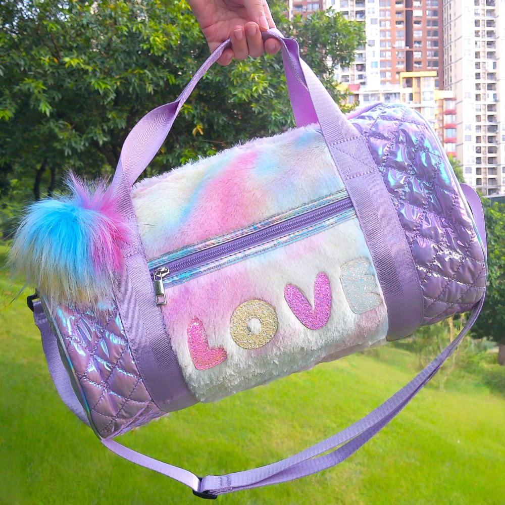 Iridescent knitted fabric, cylindrical travel and fitness bag.