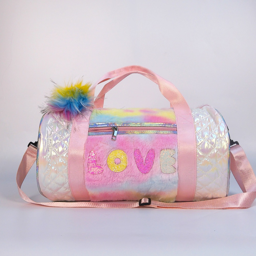 Iridescent knitted fabric, cylindrical travel and fitness bag.