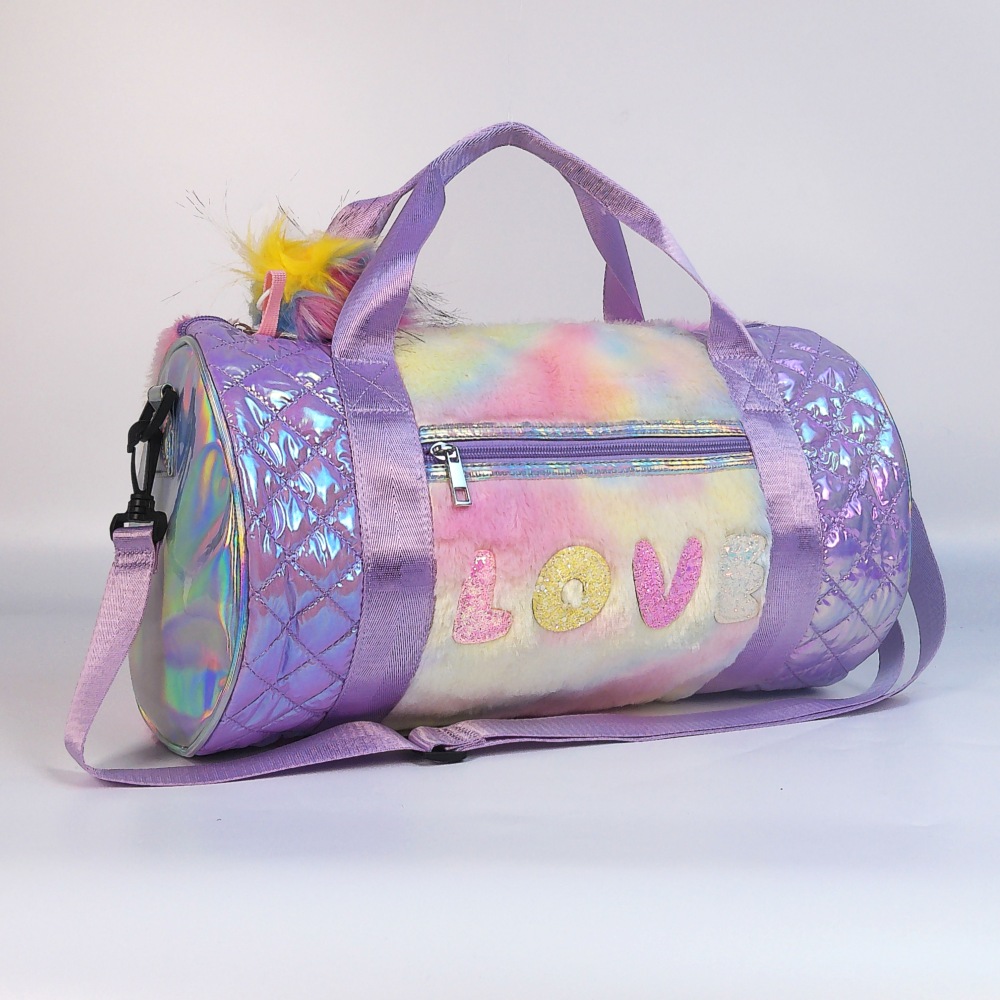 Iridescent knitted fabric, cylindrical travel and fitness bag.