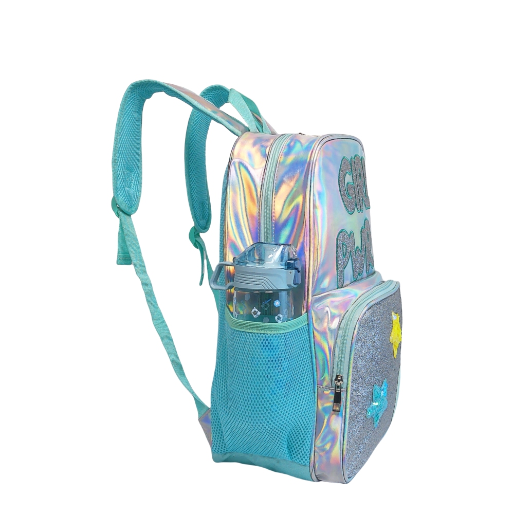 Laser-patterned iride-colored adhesive material, fashionable and waterproof backpack