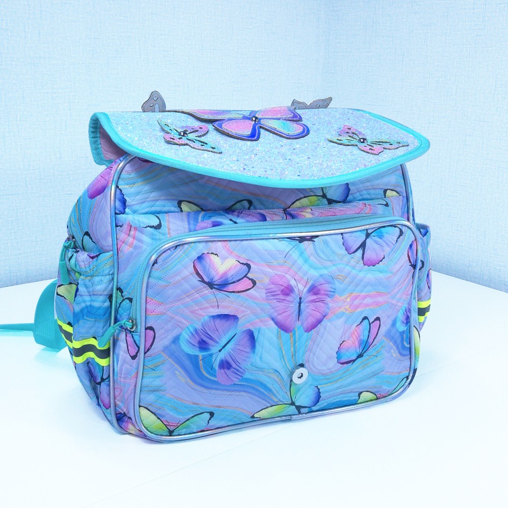 Butterfly decorations, flip-top covers, and student schoolbags