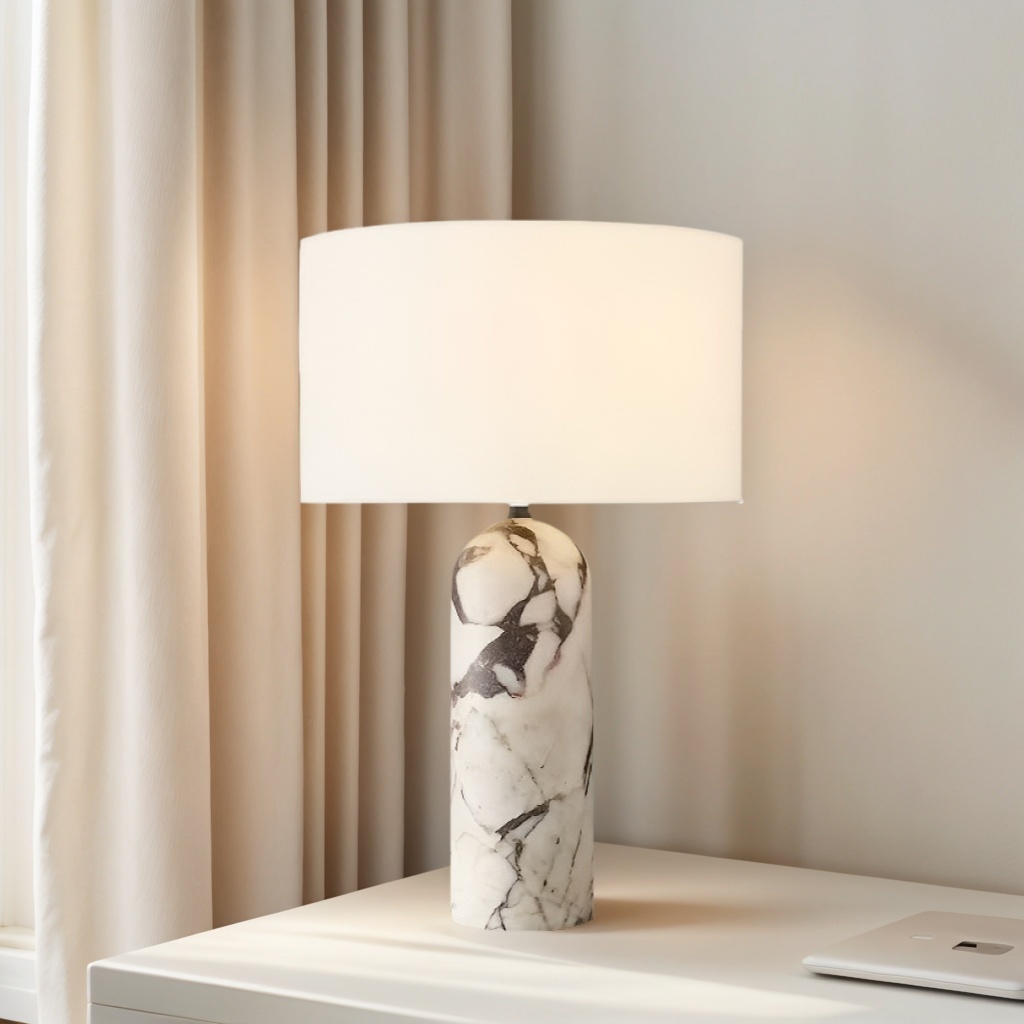 Lampe de chevet minimaliste Baiyeco - Lampe à ampoule enfichable avec base lestée en marbre, abat-jour en lin, utilisation mondiale