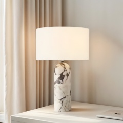 Lampe de chevet minimaliste Baiyeco - Lampe à ampoule enfichable avec base lestée en marbre, abat-jour en lin, utilisation mondiale